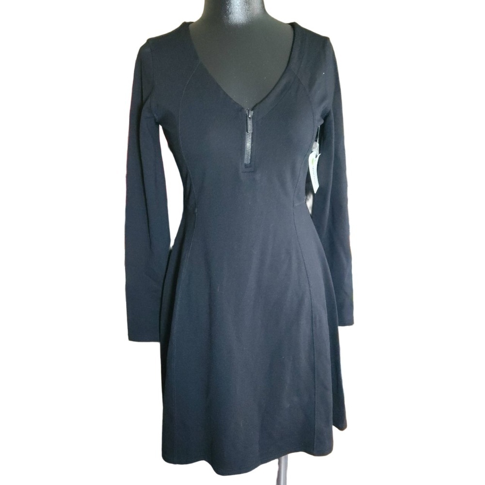 Athleta Black Long Sleeve VNeck Exposed Zipper Aline Dress XS